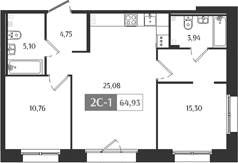 Планировка — Ranta Residence, 3-комн., 65 м²