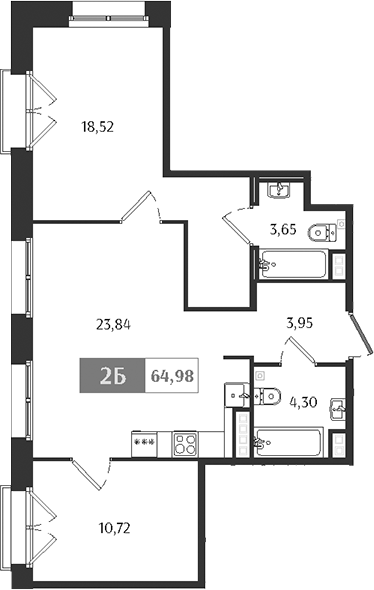 Планировка — Ranta Residence, 3-комн., 65 м²