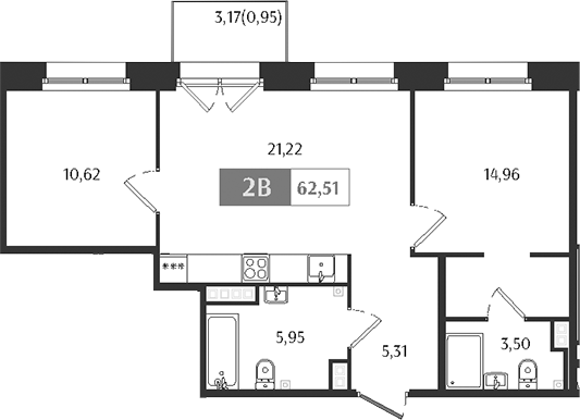 Планировка — Ranta Residence, 3-комн., 62 м²