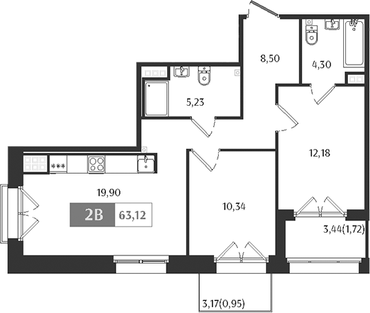 Планировка — Ranta Residence, 3-комн., 60 м²