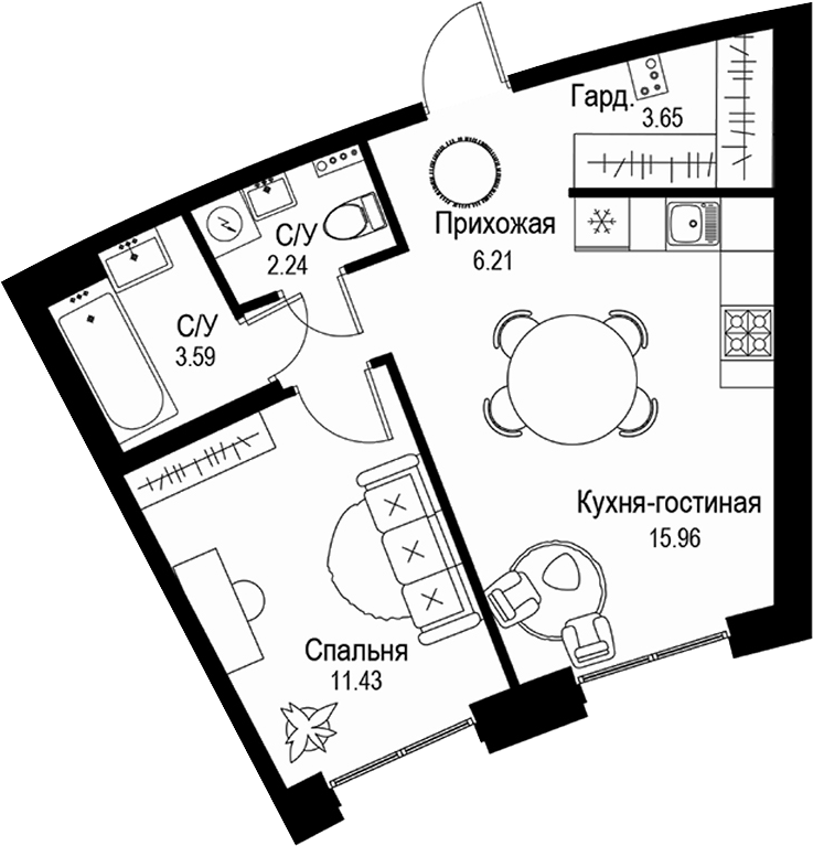 Планировка — ID Petrogradskaya, 2-комн., 43 м²