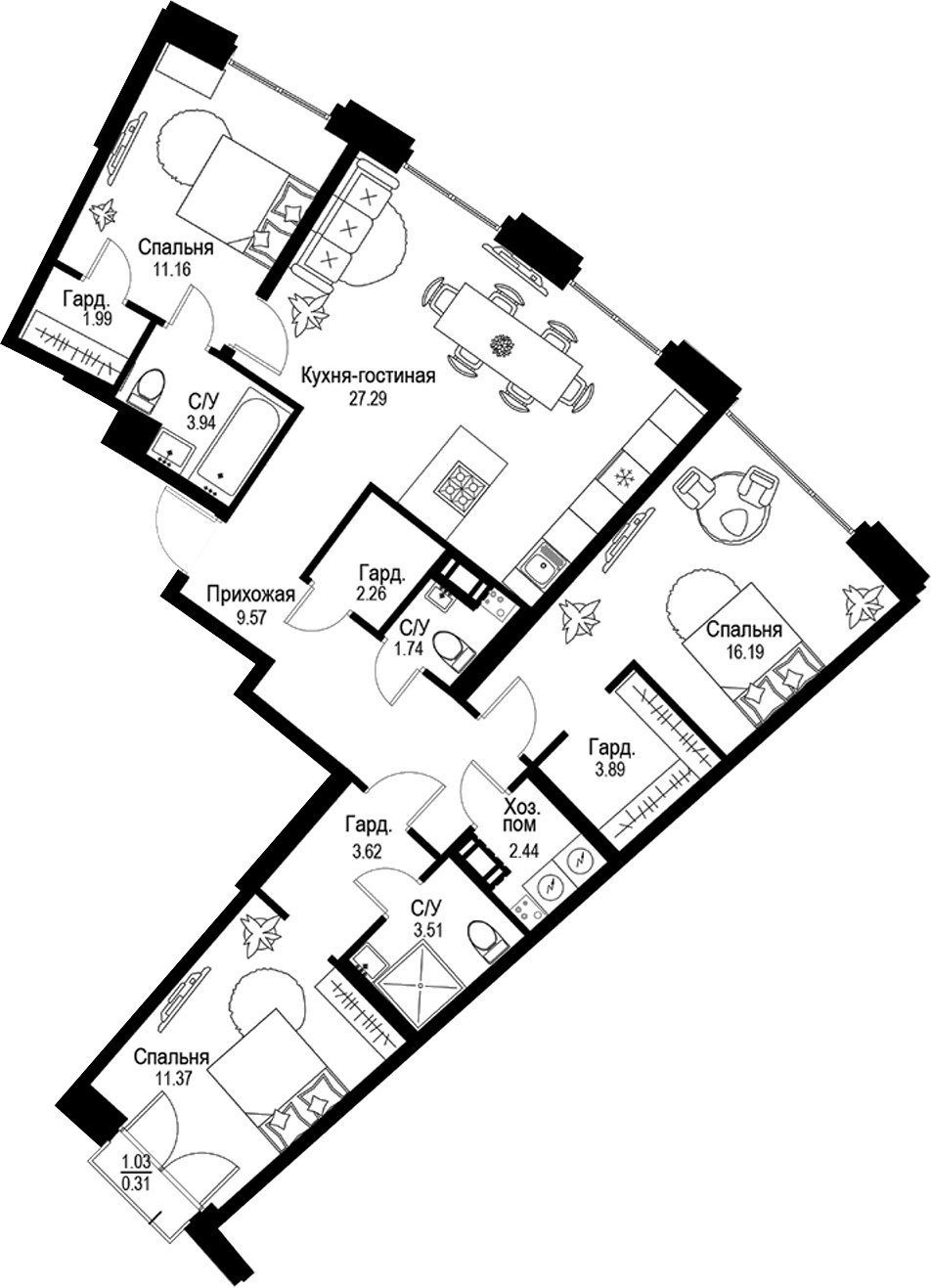 Планировка — ID Petrogradskaya, 4-комн., 99 м²