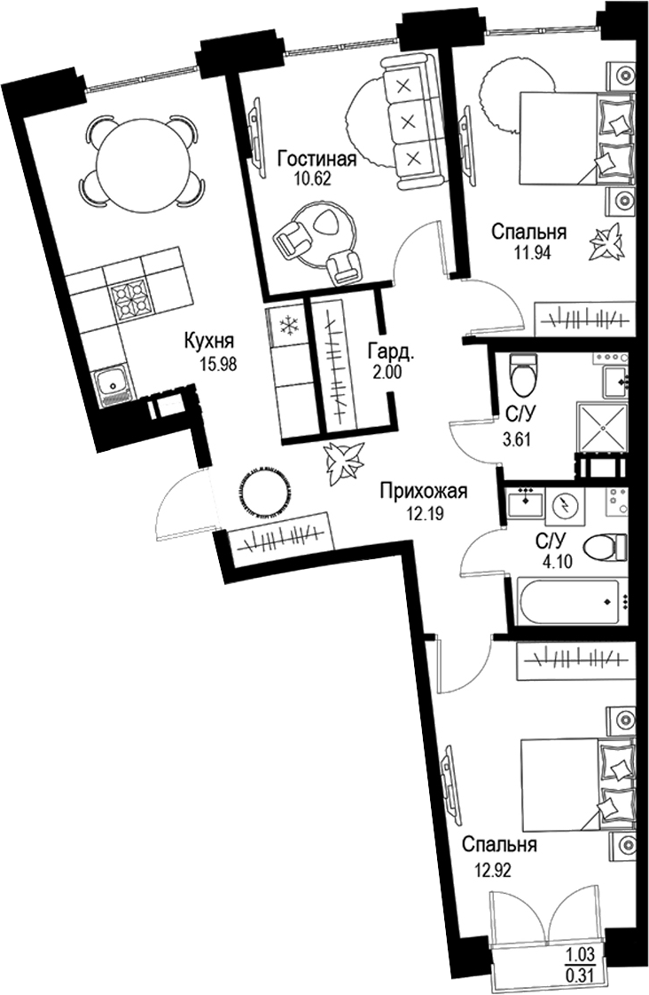 Планировка — ID Petrogradskaya, 4-комн., 73 м²