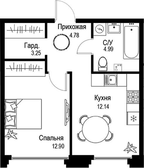 Планировка — ID Petrogradskaya, 1-комн., 38 м²