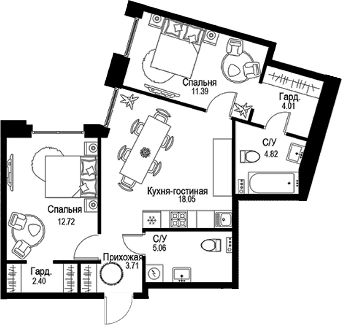 Планировка — ID Petrogradskaya, 3-комн., 62 м²