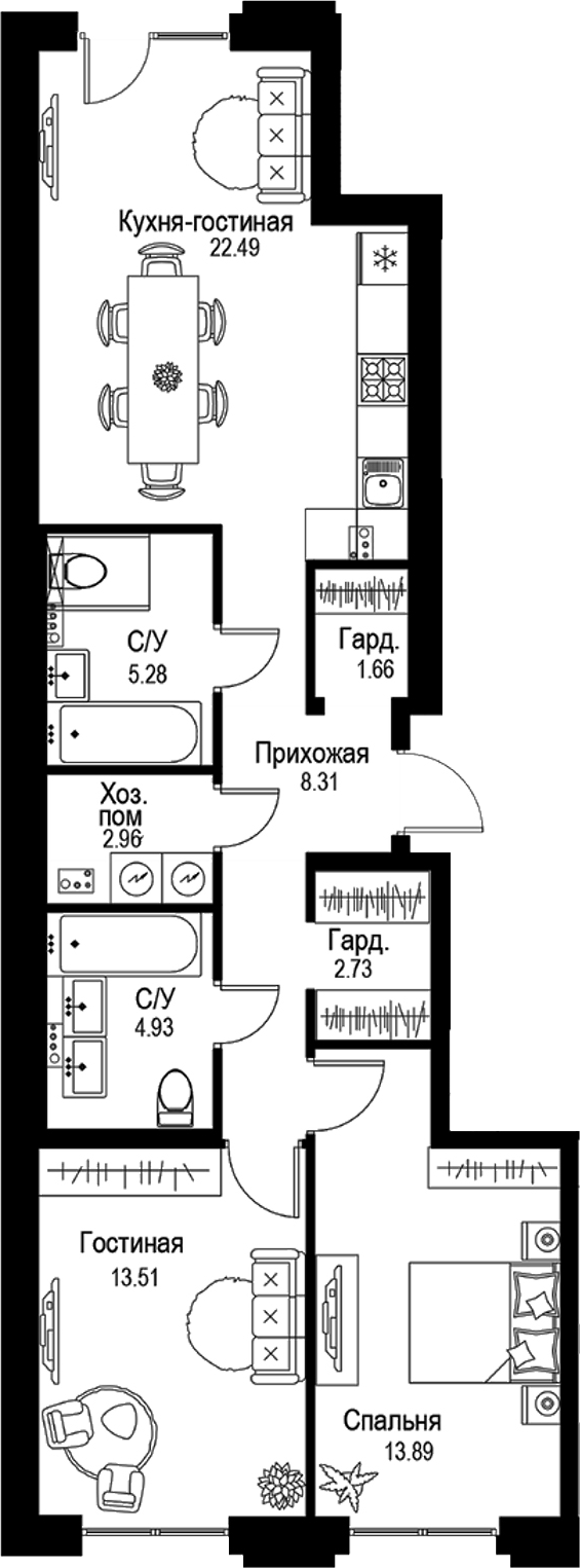 Планировка — ID Petrogradskaya, 3-комн., 76 м²