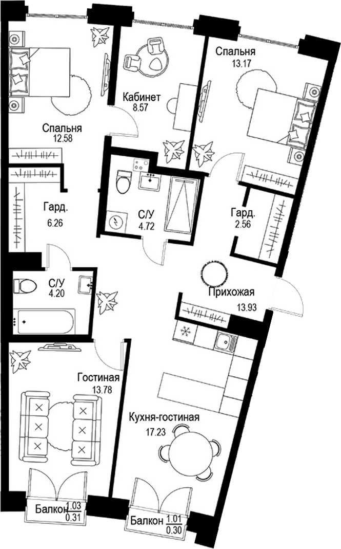 Планировка — ID Petrogradskaya, 5-комн., 97 м²