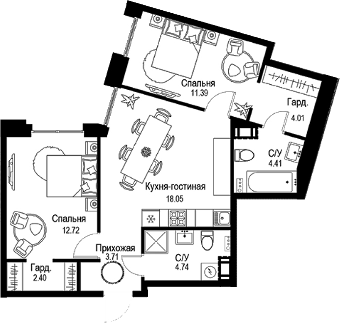 Планировка — ID Petrogradskaya, 3-комн., 61 м²
