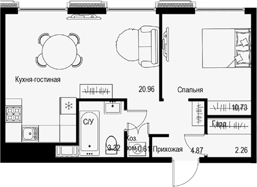 Планировка — ID Petrogradskaya, 2-комн., 43 м²