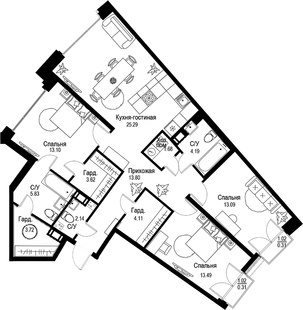 Планировка — ID Petrogradskaya, 4-комн., 104 м²
