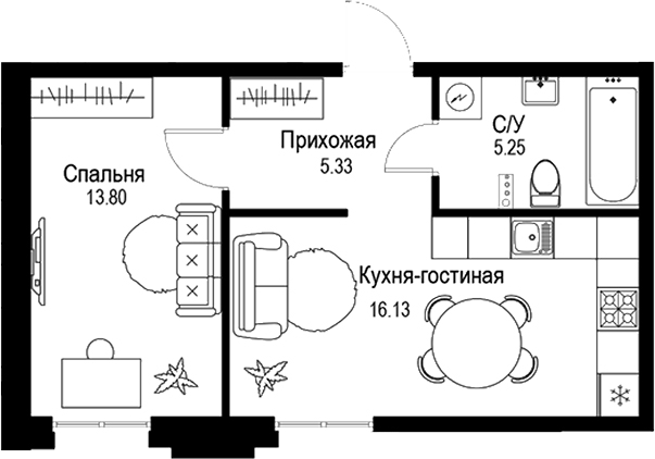 Планировка — ID Petrogradskaya, 2-комн., 41 м²