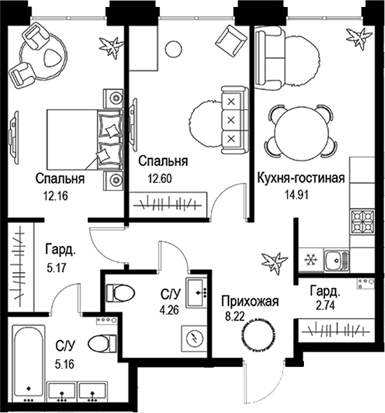 Планировка — ID Petrogradskaya, 3-комн., 65 м²