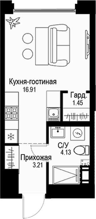 Планировка — ID Petrogradskaya, Студия, 26 м²