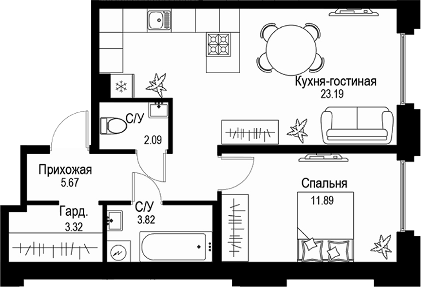 Планировка — ID Petrogradskaya, 2-комн., 50 м²