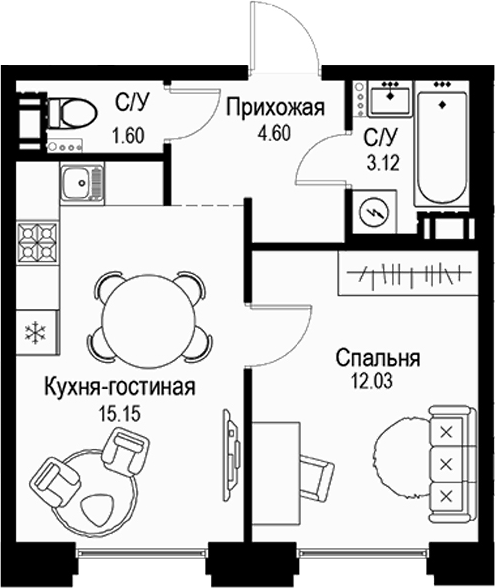 Планировка — ID Petrogradskaya, 2-комн., 37 м²
