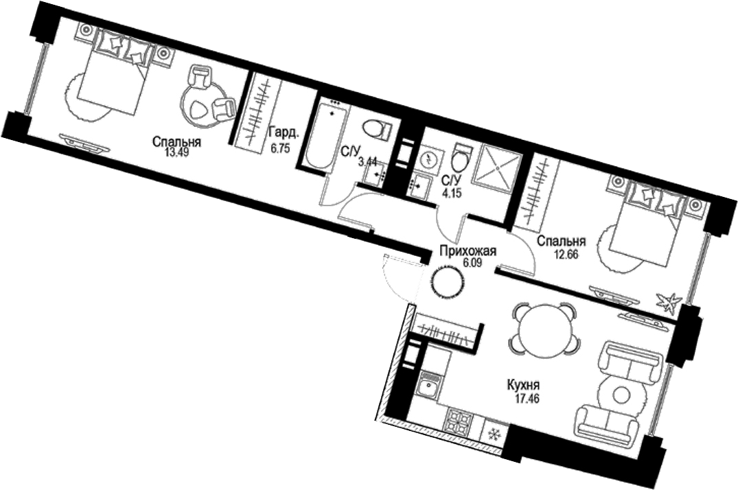 Планировка — ID Petrogradskaya, 3-комн., 64 м²