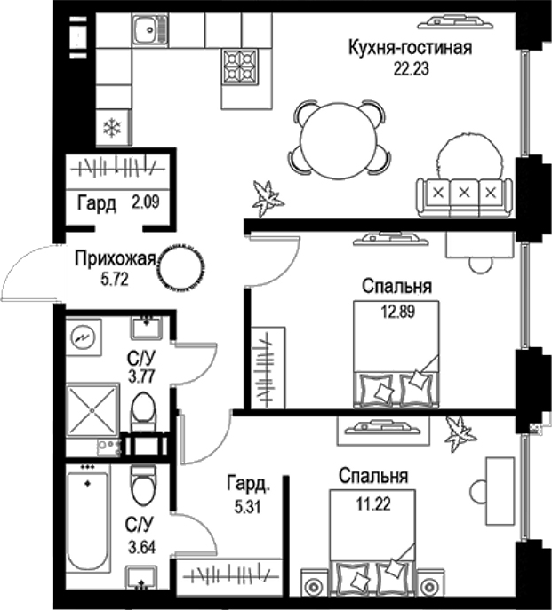 Планировка — ID Petrogradskaya, 3-комн., 67 м²