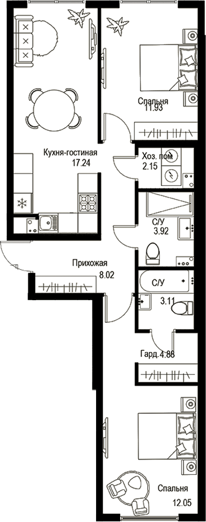 Планировка — ID Petrogradskaya, 3-комн., 63 м²