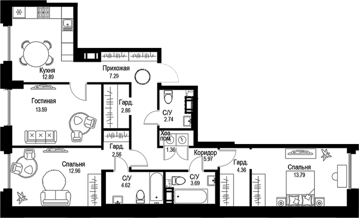 Планировка — ID Petrogradskaya, 3-комн., 89 м²