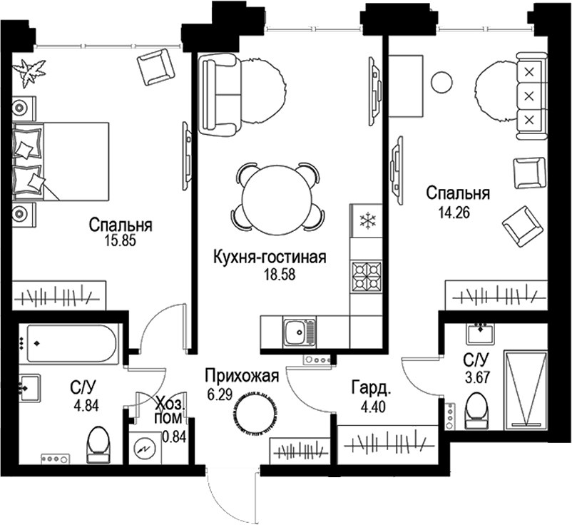 Планировка — ID Petrogradskaya, 3-комн., 69 м²
