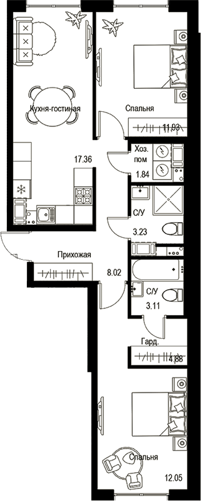 Планировка — ID Petrogradskaya, 3-комн., 62 м²