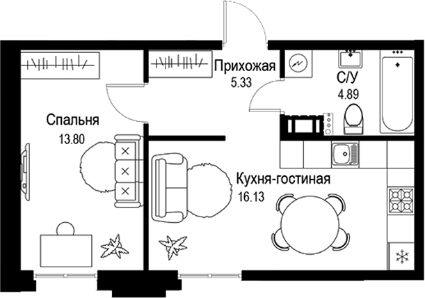 Планировка — ID Petrogradskaya, 2-комн., 40 м²