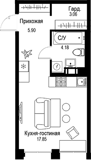 Планировка — ID Petrogradskaya, Студия, 31 м²