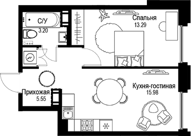 Планировка — ID Petrogradskaya, 2-комн., 38 м²