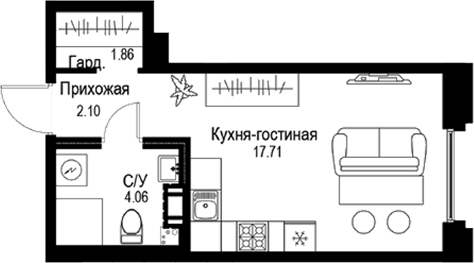 Планировка — ID Petrogradskaya, Студия, 26 м²