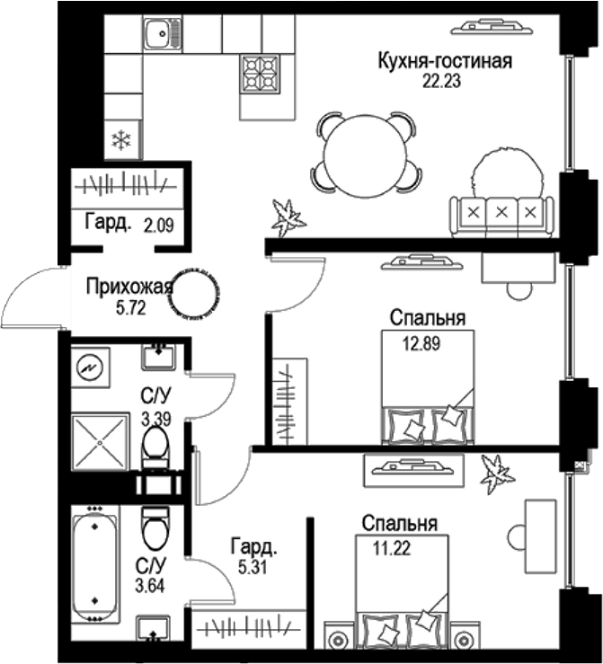 Планировка — ID Petrogradskaya, 3-комн., 66 м²