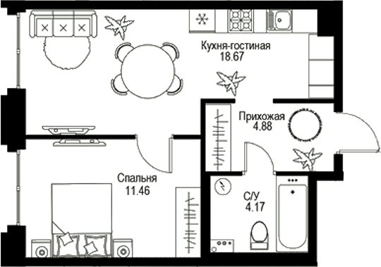 Планировка — ID Petrogradskaya, 2-комн., 39 м²