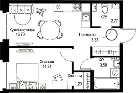 Планировка — ID Petrogradskaya, 2-комн., 39 м²