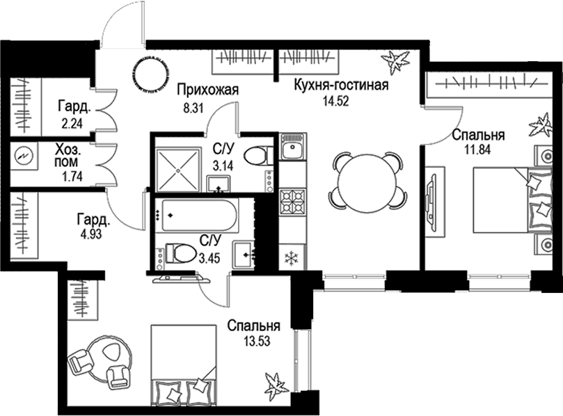 Планировка — ID Petrogradskaya, 3-комн., 64 м²