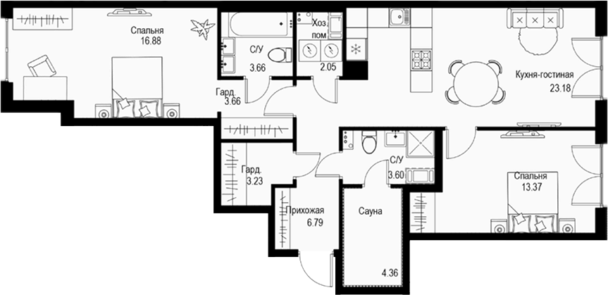 Планировка — ID Petrogradskaya, 3-комн., 81 м²
