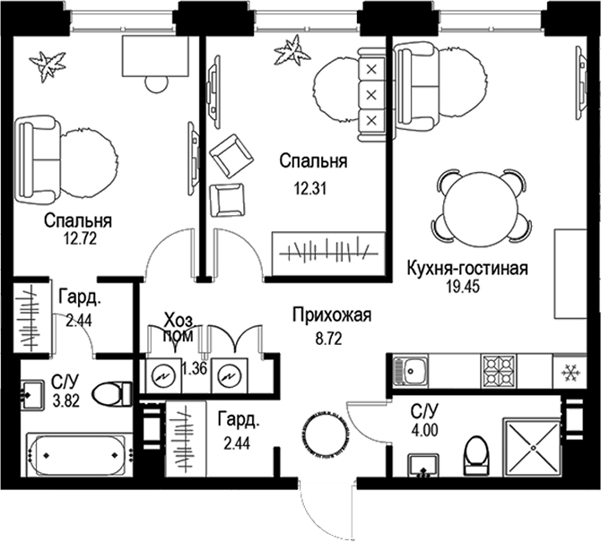 Планировка — ID Petrogradskaya, 3-комн., 67 м²