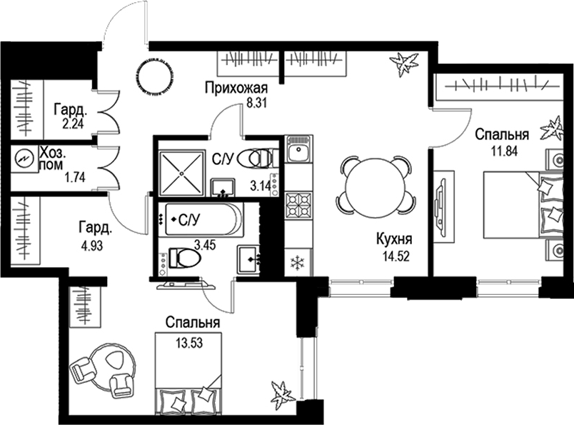 Планировка — ID Petrogradskaya, 3-комн., 64 м²