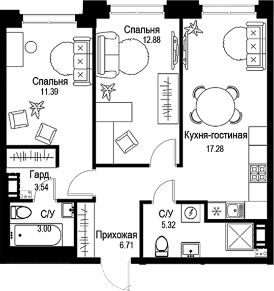 Планировка — ID Petrogradskaya, 3-комн., 60 м²