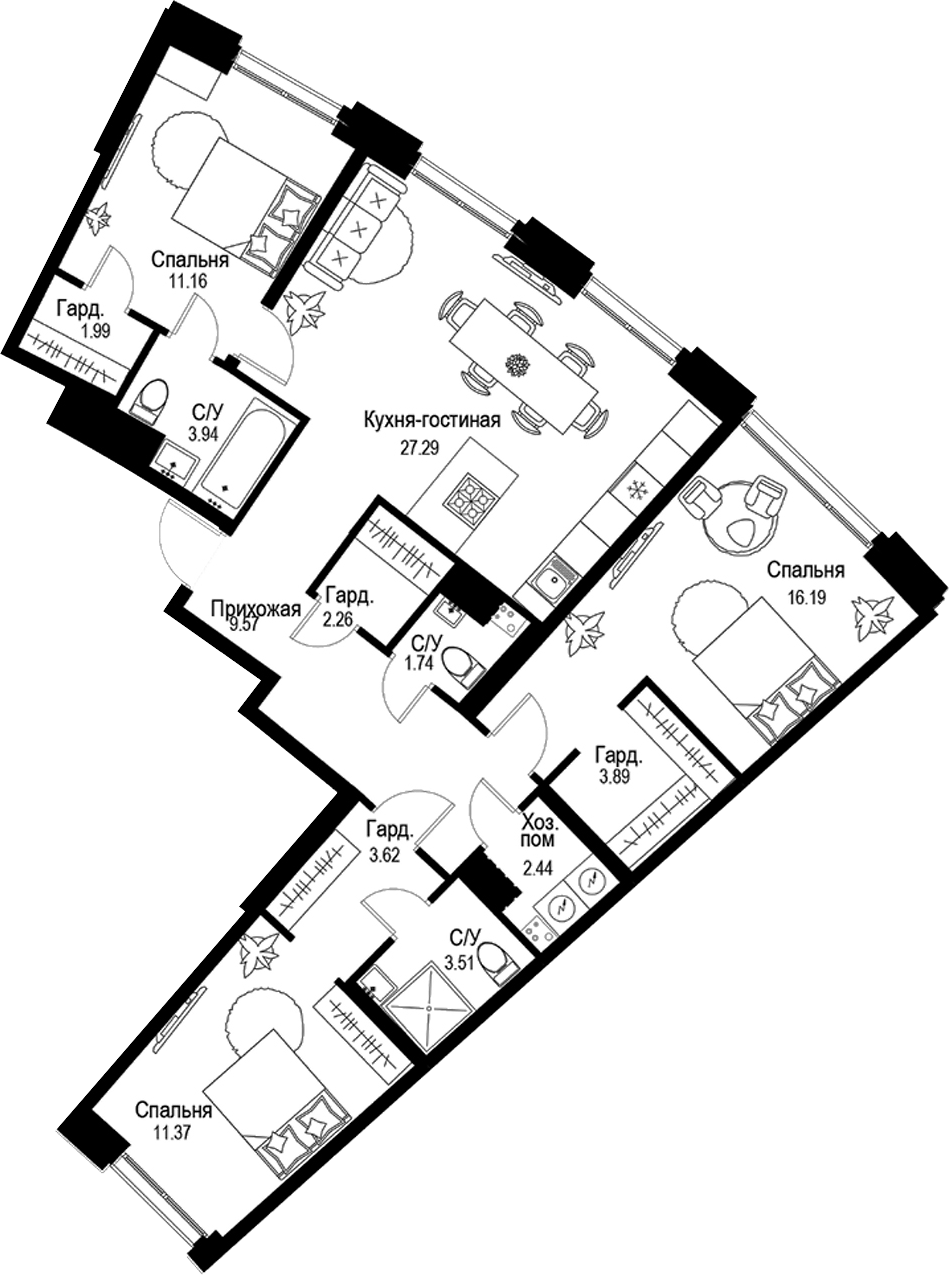 Планировка — ID Petrogradskaya, 4-комн., 99 м²