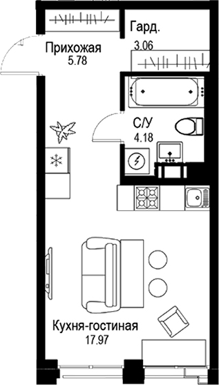 Планировка — ID Petrogradskaya, Студия, 31 м²