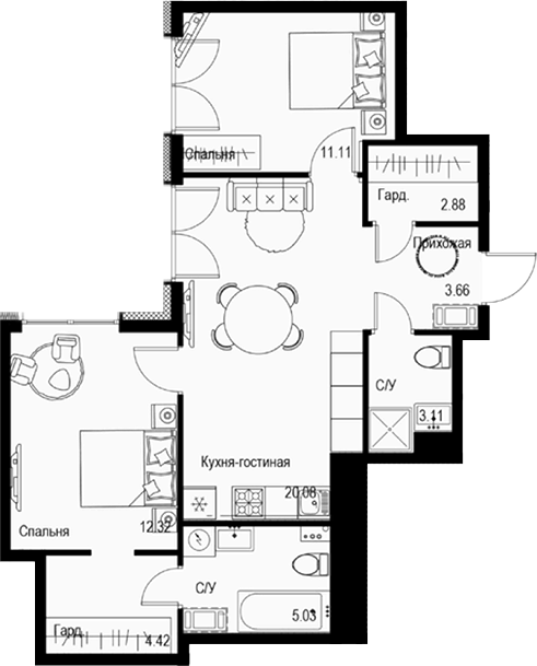 Планировка — ID Petrogradskaya, 3-комн., 63 м²