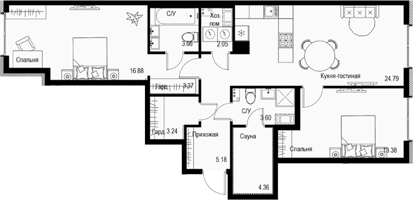 Планировка — ID Petrogradskaya, 3-комн., 81 м²
