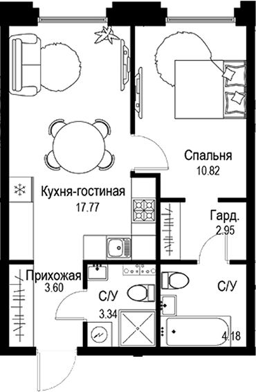 Планировка — ID Petrogradskaya, 2-комн., 43 м²
