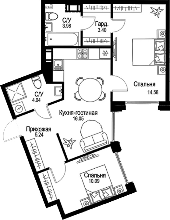Планировка — ID Petrogradskaya, 3-комн., 57 м²