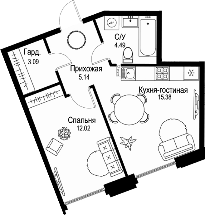 Планировка — ID Petrogradskaya, 2-комн., 40 м²