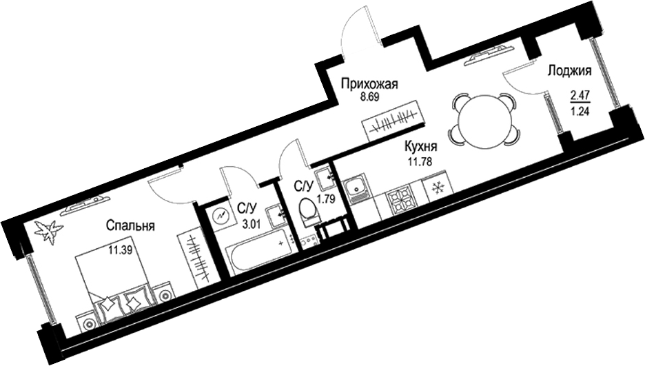 Планировка — ID Petrogradskaya, 1-комн., 37 м²