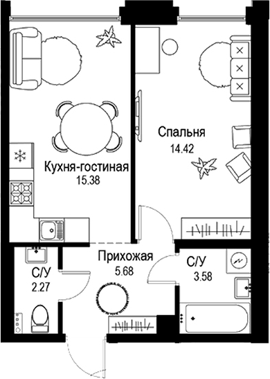 Планировка — ID Petrogradskaya, 2-комн., 41 м²