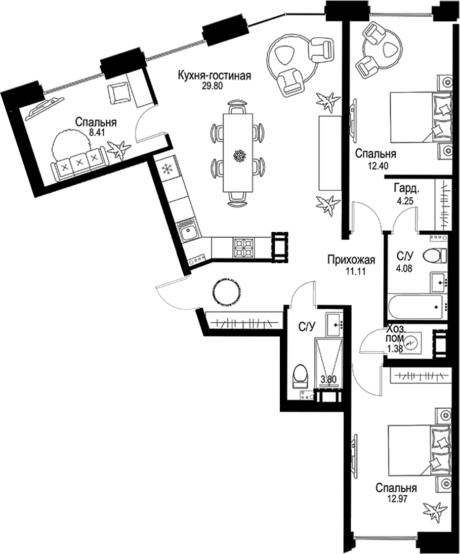 Планировка — ID Petrogradskaya, 4-комн., 88 м²