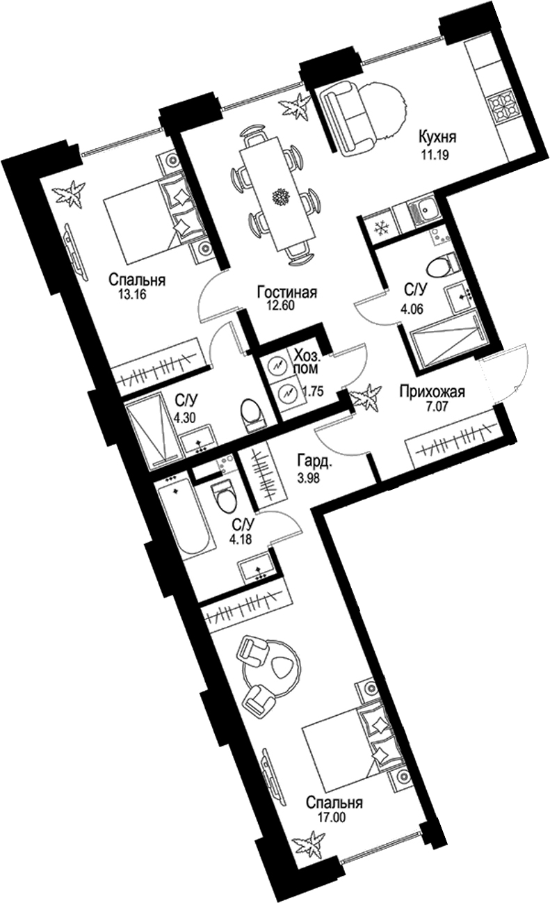 Планировка — ID Petrogradskaya, 3-комн., 79 м²