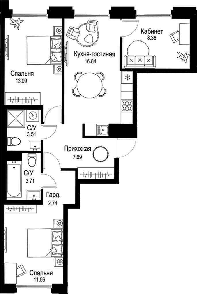 Планировка — ID Petrogradskaya, 4-комн., 68 м²