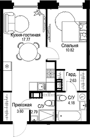 Планировка — ID Petrogradskaya, 2-комн., 42 м²